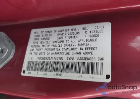 2007 Honda Accord 2.4 Se from USA, damaged, VIN 1HGCM56347A147704